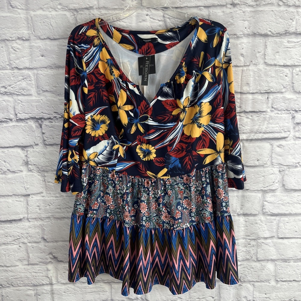 Reborn NWT Boho Chic Bold Mixed Print Floral Paisley Tiered Stretch Top 1X